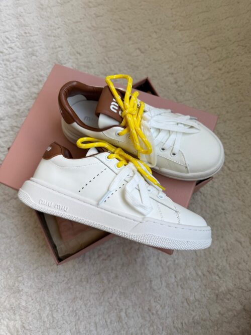 Miu Miu White Leather Low-Top Sneakers White/Brown